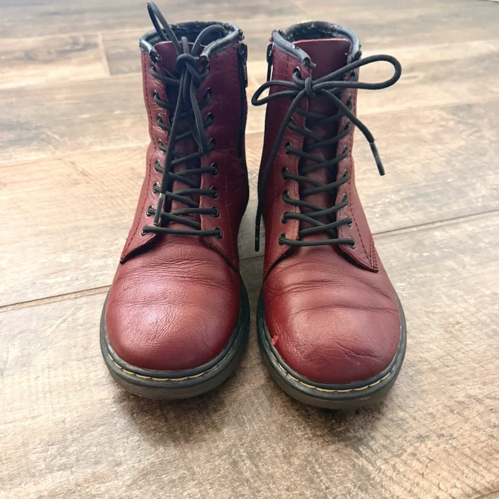 Dr. Martens Kids Delaney Side Zip Leather Combat Boots, Cherry Red, 3